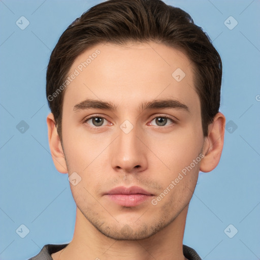 Neutral white young-adult male with short  brown hair and brown eyes