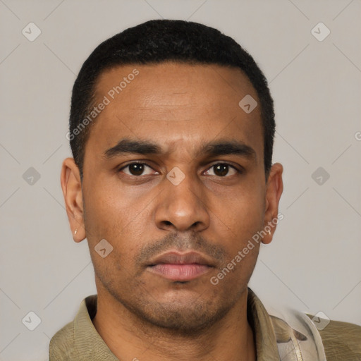 Neutral latino young-adult male with short  black hair and brown eyes