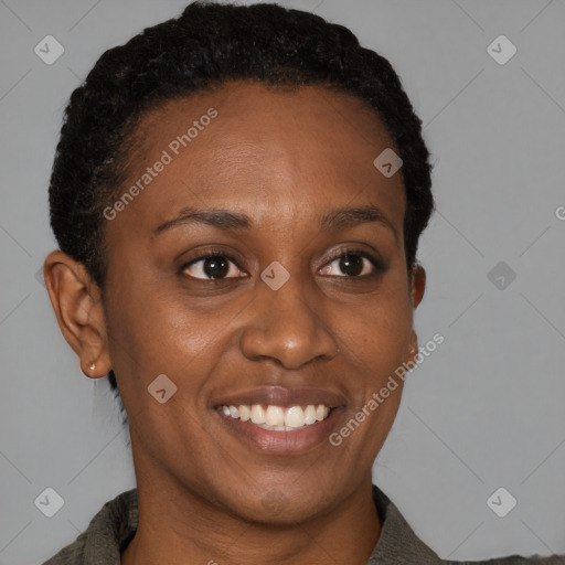 Joyful black adult female with short  brown hair and brown eyes