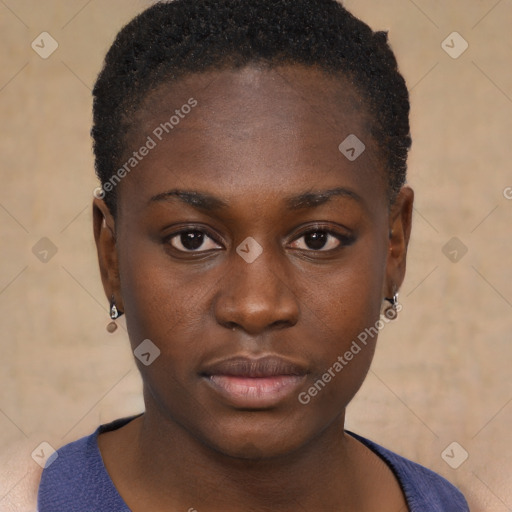 Neutral black young-adult female with short  black hair and brown eyes