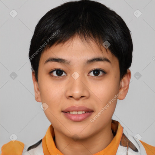 Joyful asian young-adult female with short  black hair and brown eyes