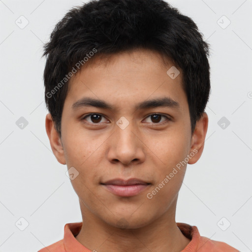Neutral asian young-adult male with short  black hair and brown eyes