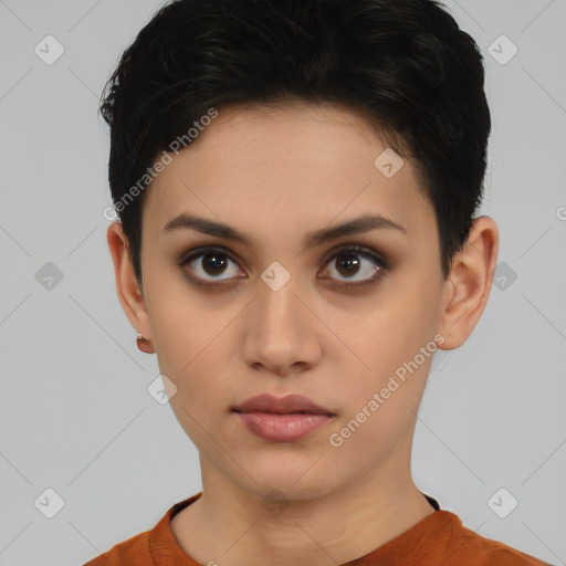 Neutral latino young-adult female with short  black hair and brown eyes