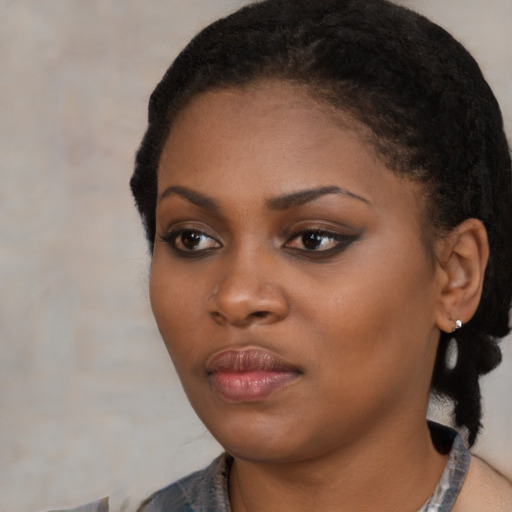 Neutral black young-adult female with medium  black hair and brown eyes