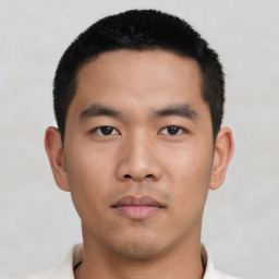 Neutral asian young-adult male with short  black hair and brown eyes