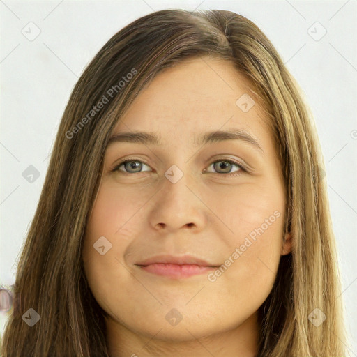 Joyful white young-adult female with long  brown hair and green eyes