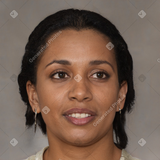 Joyful black young-adult female with medium  brown hair and brown eyes