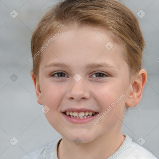 Joyful white child female with short  brown hair and brown eyes