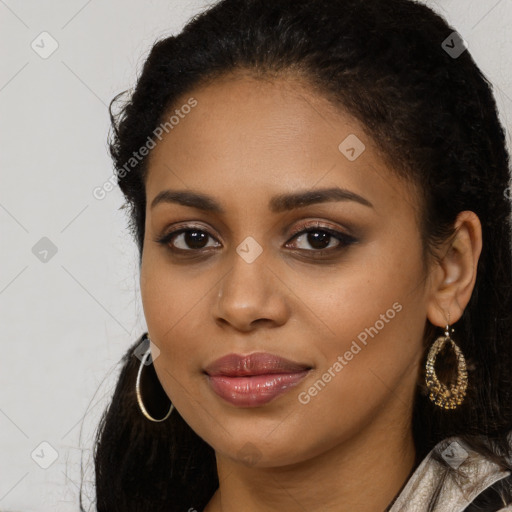 Joyful latino young-adult female with long  black hair and brown eyes