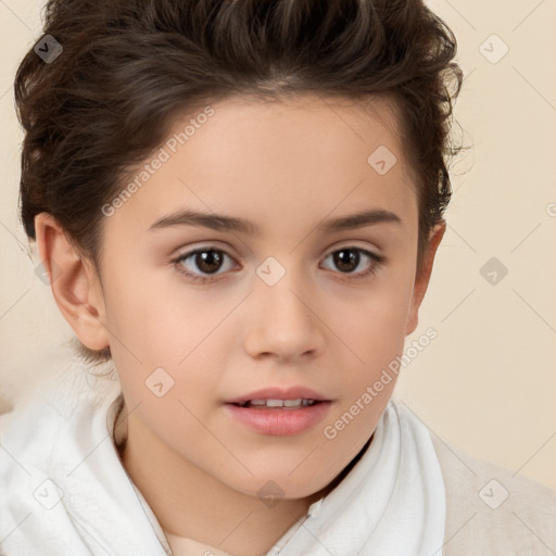 Joyful white child female with short  brown hair and brown eyes