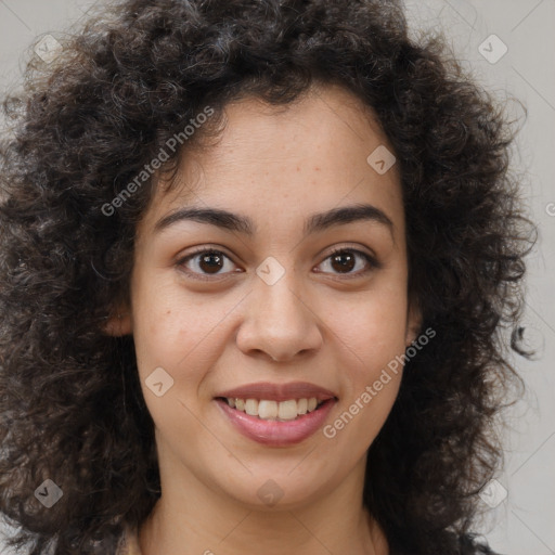 Joyful black young-adult female with medium  brown hair and brown eyes