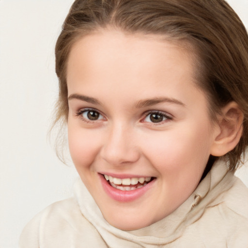 Joyful white child female with medium  brown hair and brown eyes