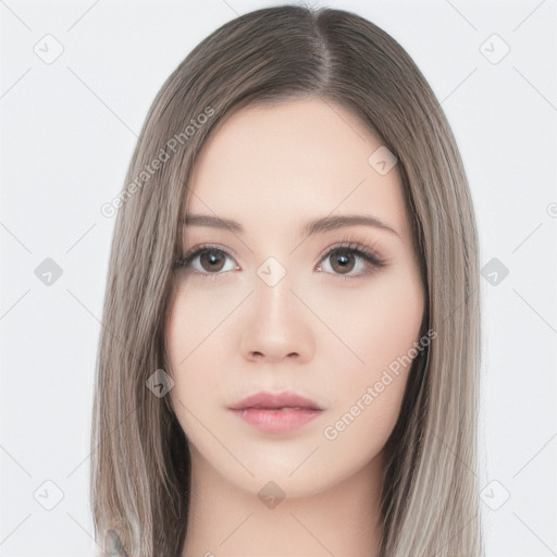 Neutral white young-adult female with long  brown hair and brown eyes