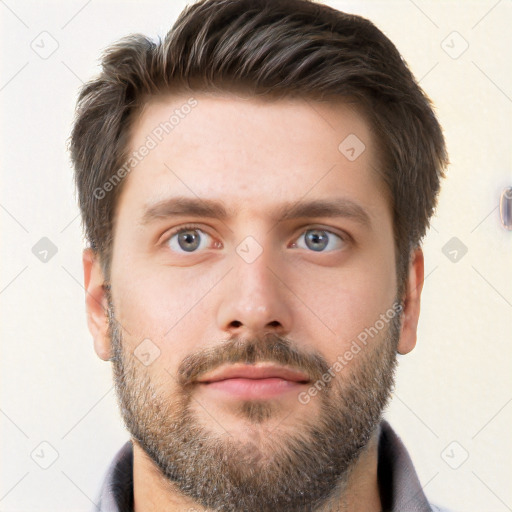 Neutral white young-adult male with short  brown hair and brown eyes