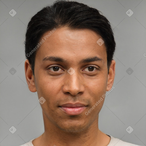 Joyful asian young-adult male with short  black hair and brown eyes