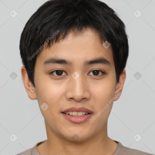 Joyful white young-adult male with short  black hair and brown eyes