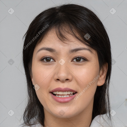 Joyful white young-adult female with medium  brown hair and brown eyes