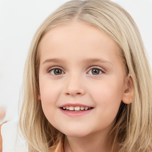 Joyful white child female with long  brown hair and grey eyes