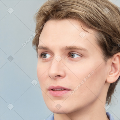 Neutral white young-adult female with medium  brown hair and blue eyes