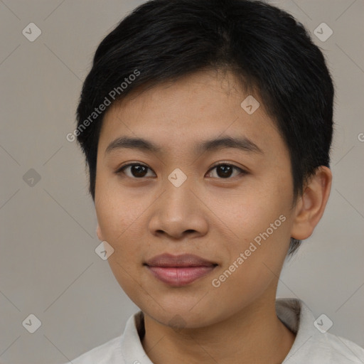 Joyful asian young-adult female with short  brown hair and brown eyes