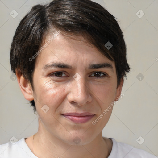 Joyful white young-adult female with short  brown hair and brown eyes