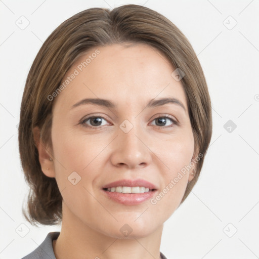 Joyful white young-adult female with medium  brown hair and grey eyes