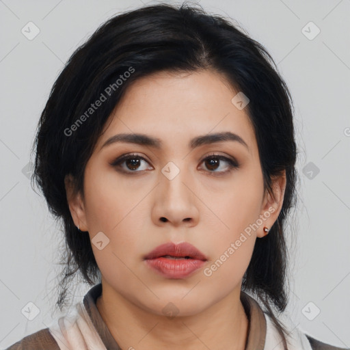 Neutral asian young-adult female with medium  black hair and brown eyes