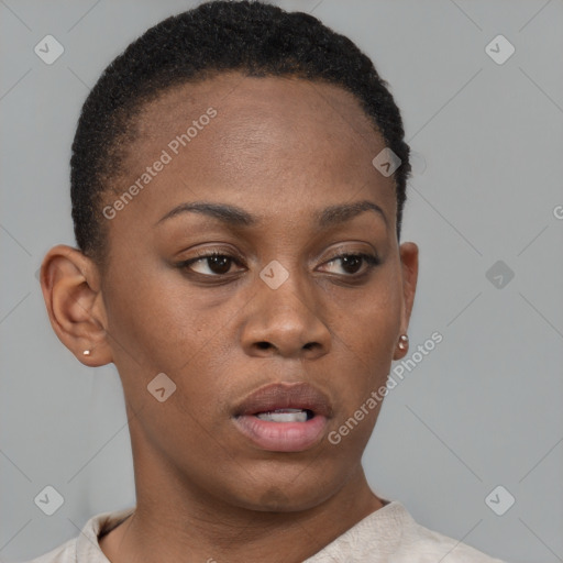 Neutral black young-adult female with short  brown hair and brown eyes