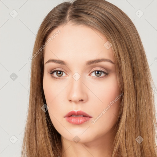 Neutral white young-adult female with long  brown hair and brown eyes