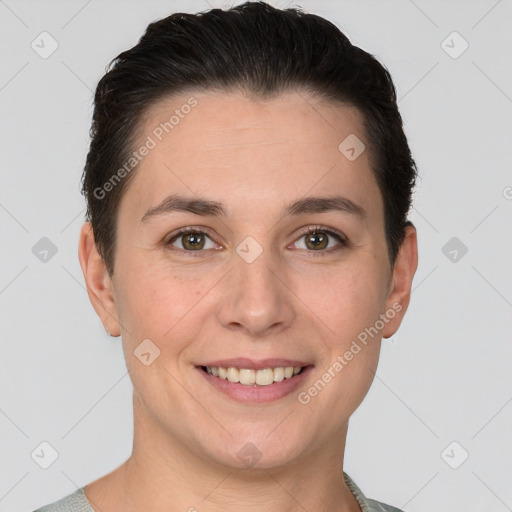 Joyful white young-adult female with short  brown hair and brown eyes