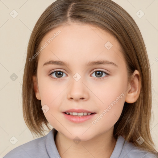 Joyful white child female with medium  brown hair and brown eyes