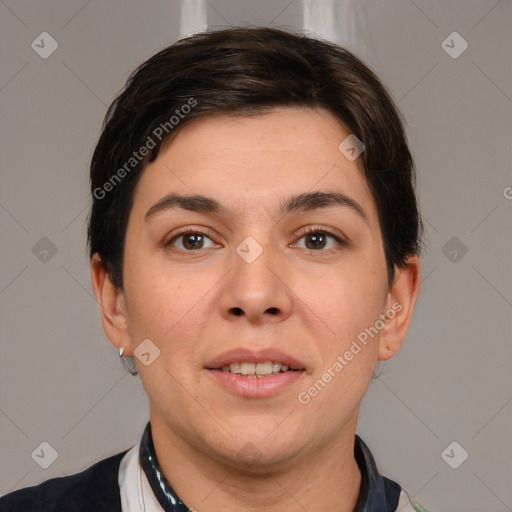 Joyful white young-adult female with short  brown hair and brown eyes