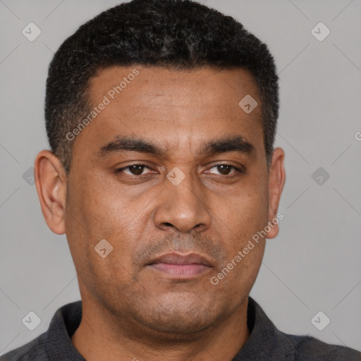 Neutral latino adult male with short  brown hair and brown eyes