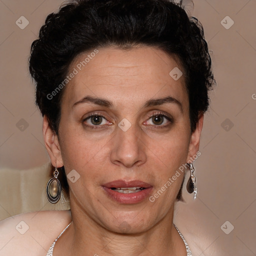 Joyful white adult female with short  brown hair and brown eyes