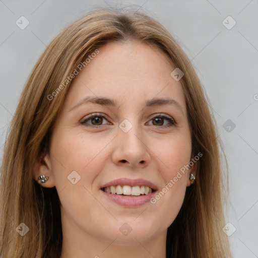 Joyful white young-adult female with long  brown hair and brown eyes