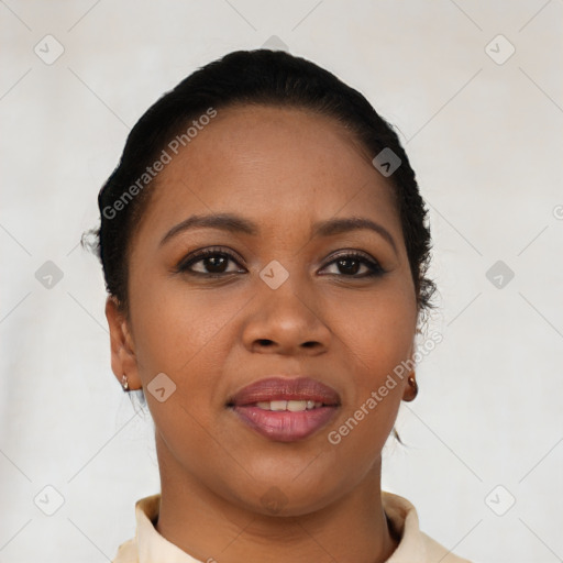 Joyful latino young-adult female with short  brown hair and brown eyes