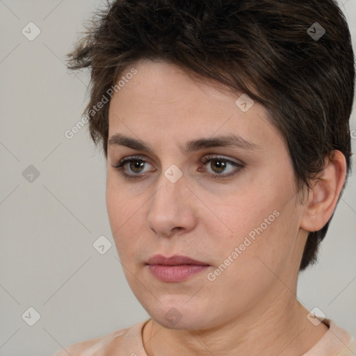 Neutral white young-adult female with short  brown hair and brown eyes