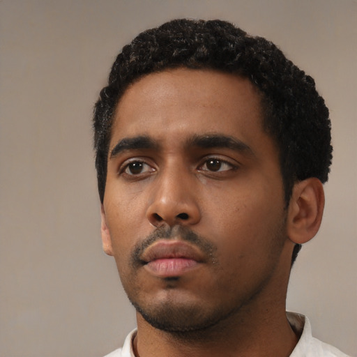 Neutral black young-adult male with short  black hair and brown eyes
