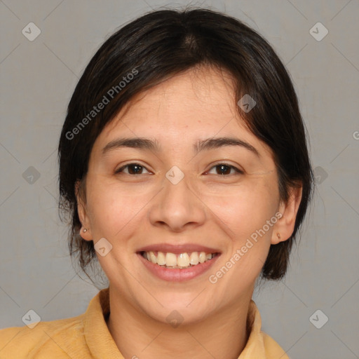 Joyful white adult female with medium  brown hair and brown eyes