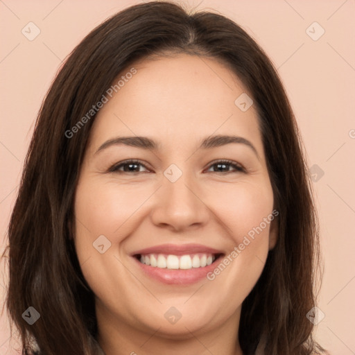 Joyful white young-adult female with long  brown hair and brown eyes