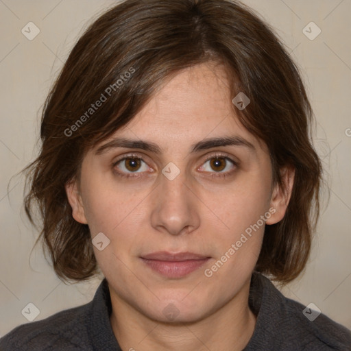 Joyful white adult female with medium  brown hair and brown eyes