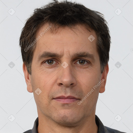 Neutral white adult male with short  brown hair and brown eyes