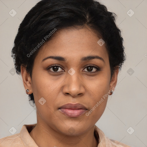 Joyful latino young-adult female with short  brown hair and brown eyes