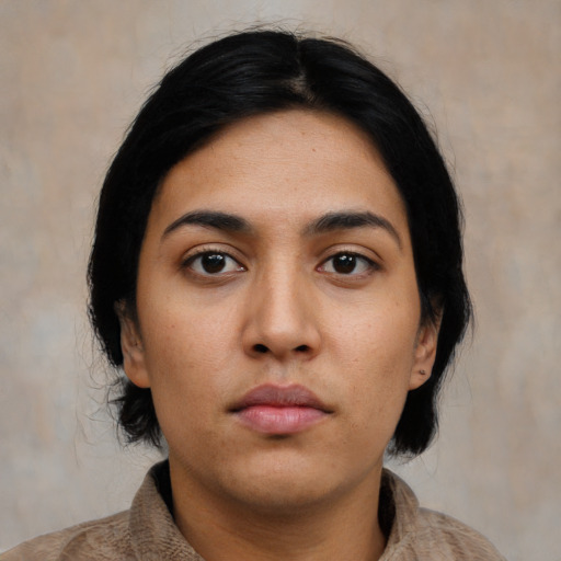 Neutral asian young-adult female with medium  black hair and brown eyes