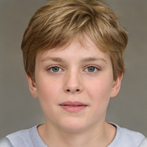 Neutral white child female with short  brown hair and grey eyes