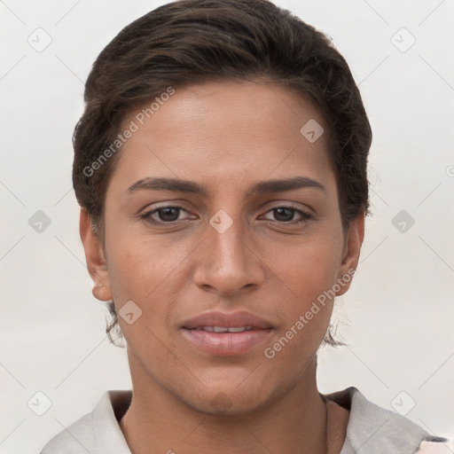 Joyful white young-adult female with short  brown hair and brown eyes