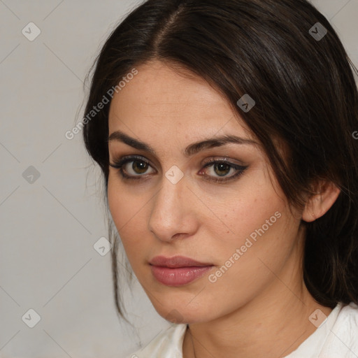 Neutral white young-adult female with medium  brown hair and brown eyes