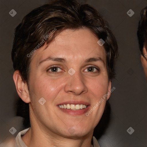 Joyful white adult female with short  brown hair and brown eyes