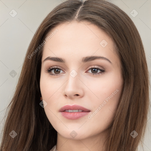 Neutral white young-adult female with long  brown hair and brown eyes