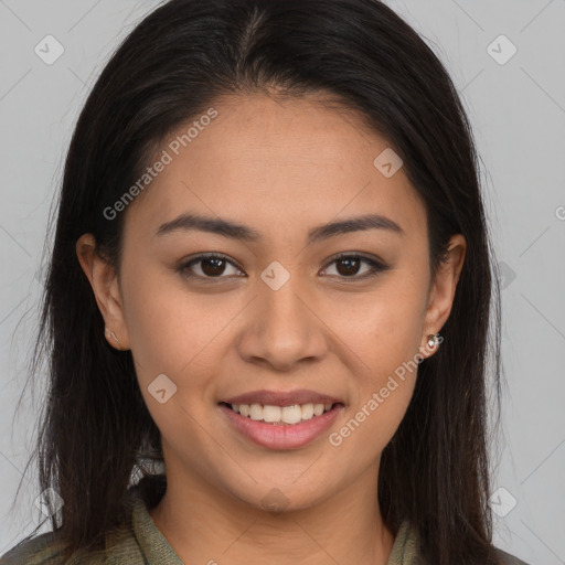 Joyful white young-adult female with long  brown hair and brown eyes